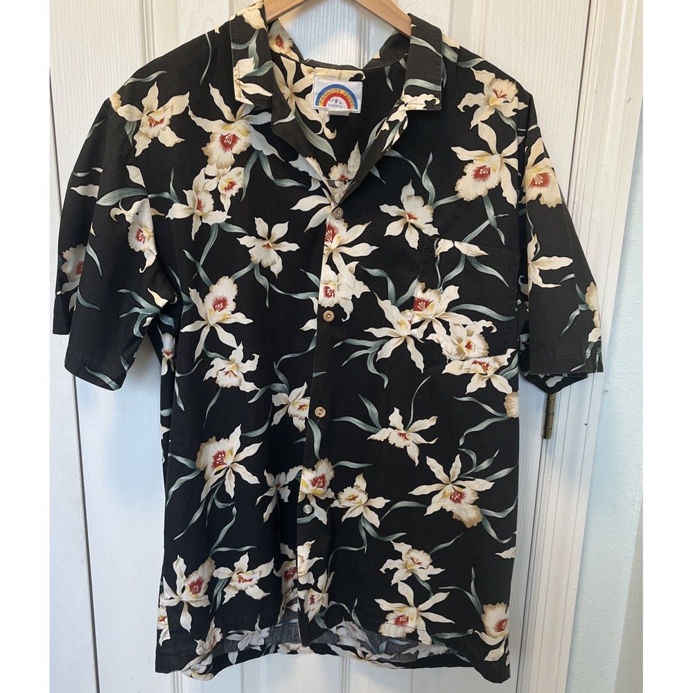 Paradise Found VTG 80s / 90s Hawaiian Black Mens Shirt Orchid Pocket Sz 50 / XL